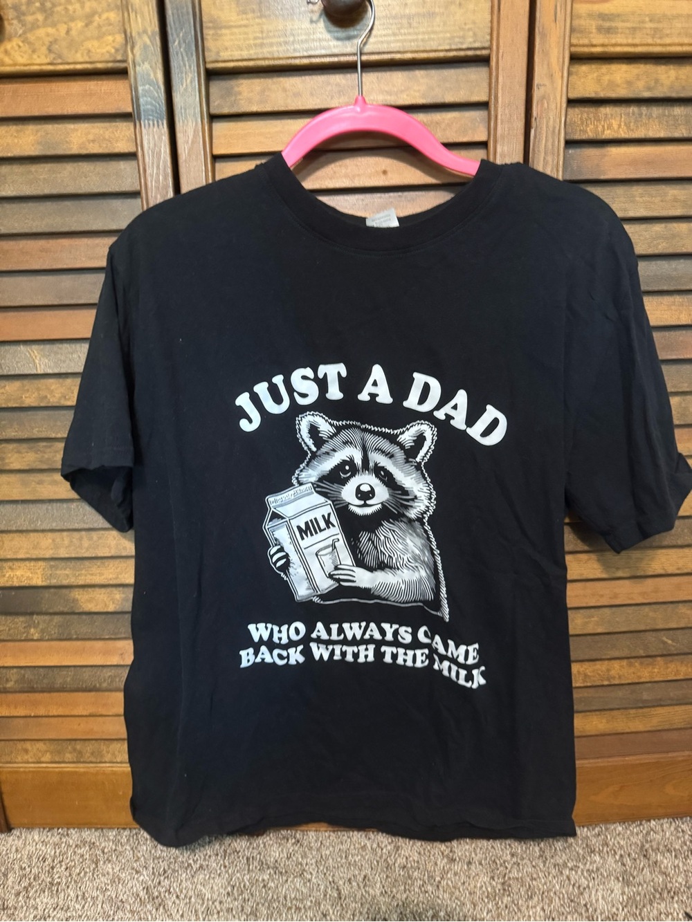 Just A Dad Black Graphic Kids T‑Shirt - Raccoon Milk Design